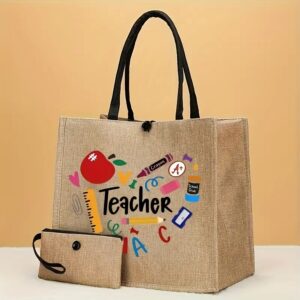 2-Pack Teacher Inspired Print Burlap Tote Bags