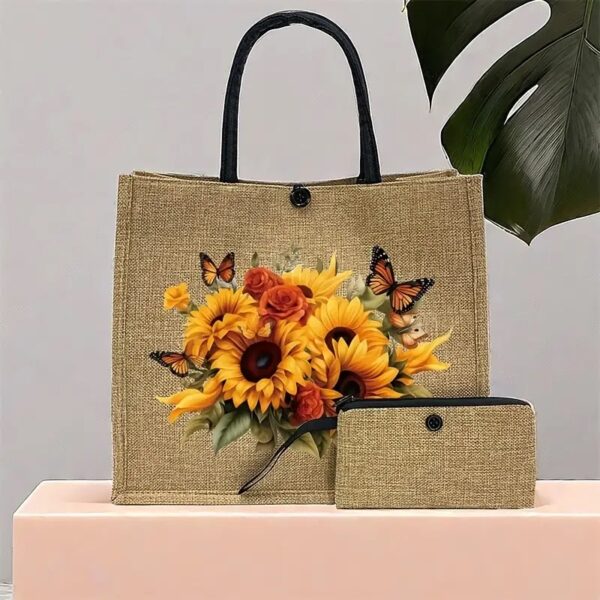 2-Pack Sunflower Print Burlap Tote Bag