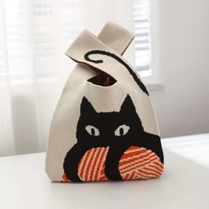 Cat and Yarn Print Jacquard Satchel